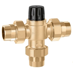 Adjustable thermostatic mixing valve for centralized systems. Body made of zinc leaching resistant alloy 1 35÷65°C